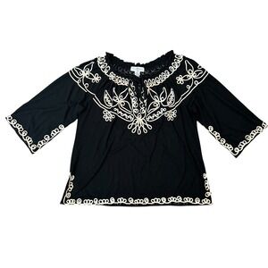 Once Again Plus Black Soutache Embroidered Peasant‎ Blouse 1X NWT Boho Top